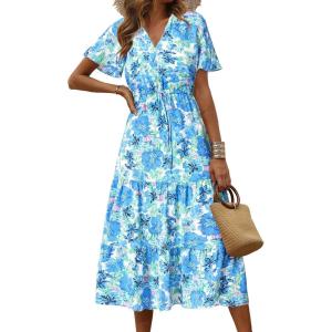 imagePRETTYGARDEN Summer Floral Dress for Women 2025 Casual Boho Short Sleeve Maxi Dresses V Neck Tiered Flowy Beach SundressWhite Blue Floral