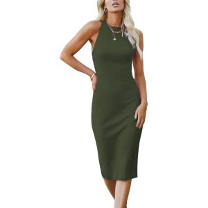 imagePRETTYGARDEN Women Bodycon Midi Dress 2025 Summer Spring Casual Vacation Sundress Fitted Sleeveless Tank DressesArmy Green