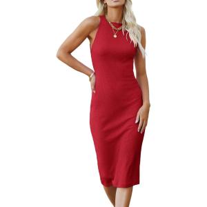 imagePRETTYGARDEN Women Bodycon Midi Dress 2025 Summer Spring Casual Vacation Sundress Fitted Sleeveless Tank DressesRed