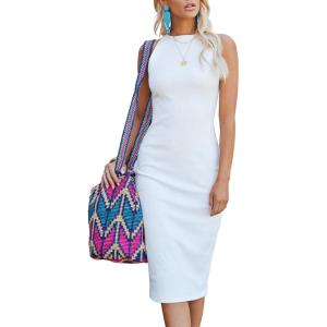 imagePRETTYGARDEN Women Bodycon Midi Dress 2025 Summer Spring Casual Vacation Sundress Fitted Sleeveless Tank DressesWhite