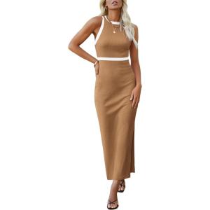 imagePRETTYGARDEN Women Bodycon Midi Dress 2025 Summer Spring Casual Vacation Sundress Fitted Sleeveless Tank DressesZkhaki