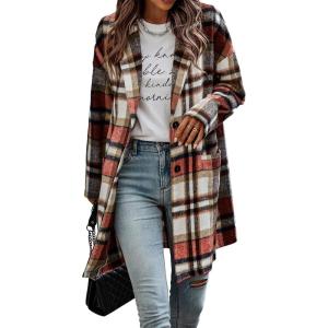 imagePRETTYGARDEN Women Plaid Shacket Jacket Trendy Fall Casual Button Wool Blend Tartan Trench Coat Winter Clothing with PocketsBrick Red