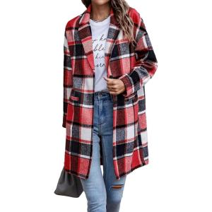 imagePRETTYGARDEN Women Plaid Shacket Jacket Trendy Fall Casual Button Wool Blend Tartan Trench Coat Winter Clothing with PocketsBrilliant Red