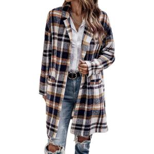 imagePRETTYGARDEN Women Plaid Shacket Jacket Trendy Fall Casual Button Wool Blend Tartan Trench Coat Winter Clothing with PocketsBrown