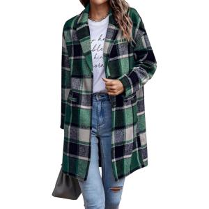 imagePRETTYGARDEN Women Plaid Shacket Jacket Trendy Fall Casual Button Wool Blend Tartan Trench Coat Winter Clothing with PocketsDark Green