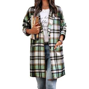 imagePRETTYGARDEN Women Plaid Shacket Jacket Trendy Fall Casual Button Wool Blend Tartan Trench Coat Winter Clothing with PocketsGreen