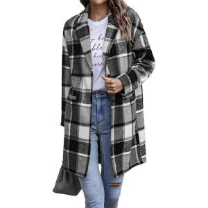 imagePRETTYGARDEN Women Plaid Shacket Jacket Trendy Fall Casual Button Wool Blend Tartan Trench Coat Winter Clothing with PocketsGrey
