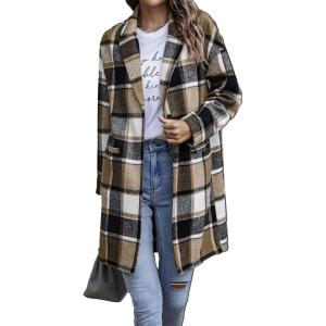 imagePRETTYGARDEN Women Plaid Shacket Jacket Trendy Fall Casual Button Wool Blend Tartan Trench Coat Winter Clothing with PocketsKhaki
