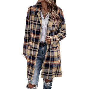 imagePRETTYGARDEN Women Plaid Shacket Jacket Trendy Fall Casual Button Wool Blend Tartan Trench Coat Winter Clothing with PocketsNavy