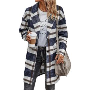 imagePRETTYGARDEN Women Plaid Shacket Jacket Trendy Fall Casual Button Wool Blend Tartan Trench Coat Winter Clothing with PocketsNavy White