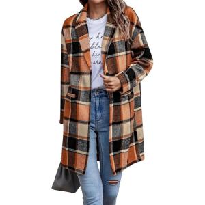imagePRETTYGARDEN Women Plaid Shacket Jacket Trendy Fall Casual Button Wool Blend Tartan Trench Coat Winter Clothing with PocketsOrange