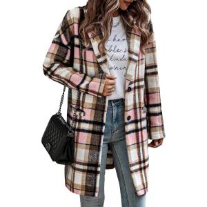 imagePRETTYGARDEN Women Plaid Shacket Jacket Trendy Fall Casual Button Wool Blend Tartan Trench Coat Winter Clothing with PocketsPink