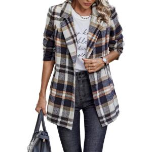 imagePRETTYGARDEN Women Plaid Shacket Jacket Trendy Fall Casual Button Wool Blend Tartan Trench Coat Winter Clothing with PocketsShort Style Brown