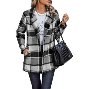 imagePRETTYGARDEN Women Plaid Shacket Jacket Trendy Fall Casual Button Wool Blend Tartan Trench Coat Winter Clothing with PocketsShort Style Grey