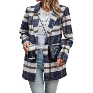 imagePRETTYGARDEN Women Plaid Shacket Jacket Trendy Fall Casual Button Wool Blend Tartan Trench Coat Winter Clothing with PocketsShort Style Navy Plaid