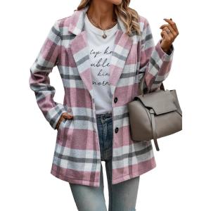 imagePRETTYGARDEN Women Plaid Shacket Jacket Trendy Fall Casual Button Wool Blend Tartan Trench Coat Winter Clothing with PocketsShort Style Pink White