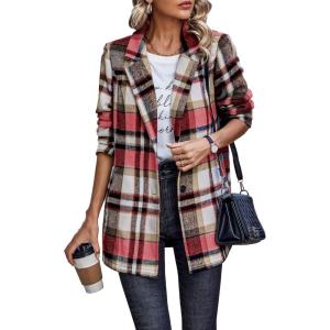 imagePRETTYGARDEN Women Plaid Shacket Jacket Trendy Fall Casual Button Wool Blend Tartan Trench Coat Winter Clothing with PocketsShort Style Red