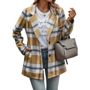 imagePRETTYGARDEN Women Plaid Shacket Jacket Trendy Fall Casual Button Wool Blend Tartan Trench Coat Winter Clothing with PocketsShort Style Yellow Plaid