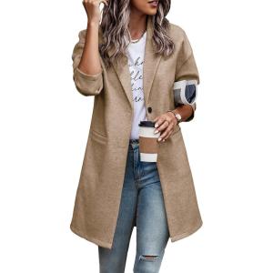 imagePRETTYGARDEN Women Plaid Shacket Jacket Trendy Fall Casual Button Wool Blend Tartan Trench Coat Winter Clothing with PocketsSolid Khaki