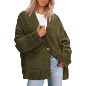 imagePRETTYGARDEN Womens 2025 Oversized Cardigan Sweaters Trendy Chunky Knit Long Sleeve V Neck Button Down Fall Winter OutfitsArmy Green