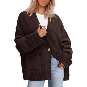 imagePRETTYGARDEN Womens 2025 Oversized Cardigan Sweaters Trendy Chunky Knit Long Sleeve V Neck Button Down Fall Winter OutfitsBrown