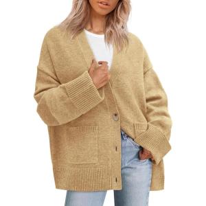 imagePRETTYGARDEN Womens 2025 Oversized Cardigan Sweaters Trendy Chunky Knit Long Sleeve V Neck Button Down Fall Winter OutfitsKhaki