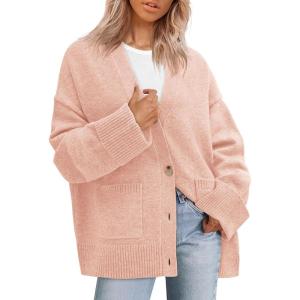 imagePRETTYGARDEN Womens 2025 Oversized Cardigan Sweaters Trendy Chunky Knit Long Sleeve V Neck Button Down Fall Winter OutfitsPink