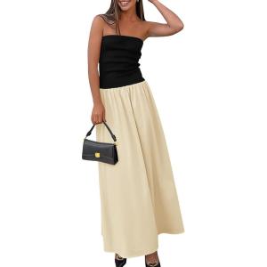 imagePRETTYGARDEN Womens 2025 Spring Strapless Maxi Dresses Patchwork Long Flowy Pockets Elegant Going Out Summer Tube Top DressApricot