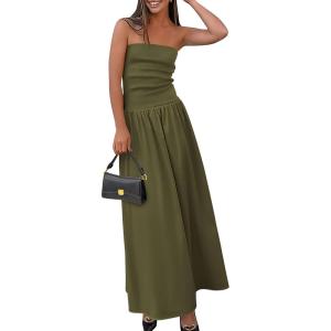 imagePRETTYGARDEN Womens 2025 Spring Strapless Maxi Dresses Patchwork Long Flowy Pockets Elegant Going Out Summer Tube Top DressArmy Green