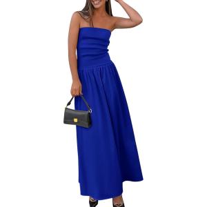 imagePRETTYGARDEN Womens 2025 Spring Strapless Maxi Dresses Patchwork Long Flowy Pockets Elegant Going Out Summer Tube Top DressBlue