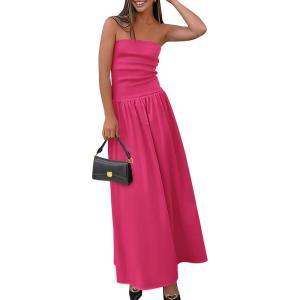 imagePRETTYGARDEN Womens 2025 Spring Strapless Maxi Dresses Patchwork Long Flowy Pockets Elegant Going Out Summer Tube Top DressRose Red