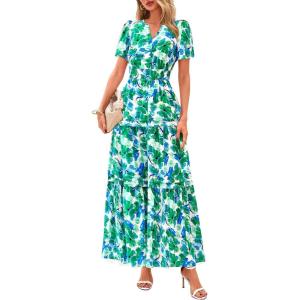 imagePRETTYGARDEN Womens 2025 Summer Boho Maxi Dresses Floral Short Sleeve V Neck A Line Tiered Flowy Long Beach Vacation DressFloral Green