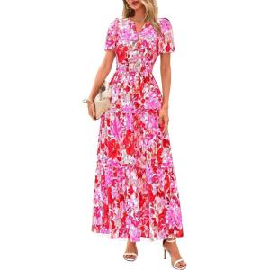 imagePRETTYGARDEN Womens 2025 Summer Boho Maxi Dresses Floral Short Sleeve V Neck A Line Tiered Flowy Long Beach Vacation DressFloral Rose Red