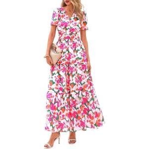 imagePRETTYGARDEN Womens 2025 Summer Boho Maxi Dresses Floral Short Sleeve V Neck A Line Tiered Flowy Long Beach Vacation DressGreen Pink Floral