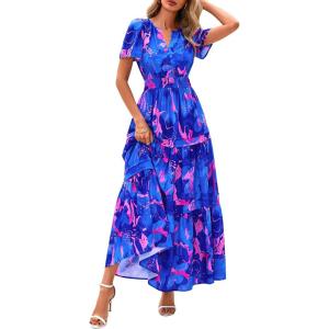 imagePRETTYGARDEN Womens 2025 Summer Boho Maxi Dresses Floral Short Sleeve V Neck A Line Tiered Flowy Long Beach Vacation DressRoyal Blue