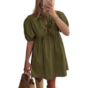 imagePRETTYGARDEN Womens 2025 Summer Casual Short Sleeve Dresses A Line Bow Tie Front Babydoll Loose Cute Mini Dress with PocketsArmy Green