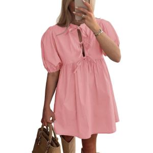 imagePRETTYGARDEN Womens 2025 Summer Casual Short Sleeve Dresses A Line Bow Tie Front Babydoll Loose Cute Mini Dress with PocketsLight Pink