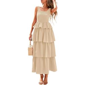 imagePRETTYGARDEN Womens 2025 Summer Sleeveless Midi Dress Scoop Neck A Line Smocked Ruffle Tiered Layered Beach Vacation DressesApricot