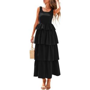 imagePRETTYGARDEN Womens 2025 Summer Sleeveless Midi Dress Scoop Neck A Line Smocked Ruffle Tiered Layered Beach Vacation DressesBlack
