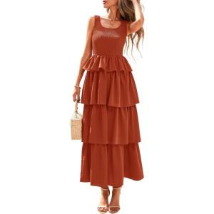 imagePRETTYGARDEN Womens 2025 Summer Sleeveless Midi Dress Scoop Neck A Line Smocked Ruffle Tiered Layered Beach Vacation DressesBrick Red