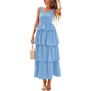imagePRETTYGARDEN Womens 2025 Summer Sleeveless Midi Dress Scoop Neck A Line Smocked Ruffle Tiered Layered Beach Vacation DressesLight Blue