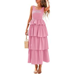 imagePRETTYGARDEN Womens 2025 Summer Sleeveless Midi Dress Scoop Neck A Line Smocked Ruffle Tiered Layered Beach Vacation DressesPink