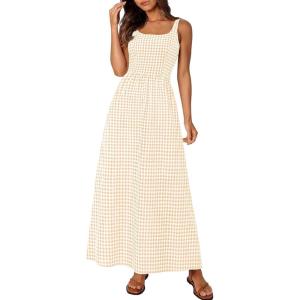 imagePRETTYGARDEN Womens 2025 Summer Spaghetti Strap Maxi Dresses Plaid Square Neck A Line Casual Beach Vacation Long SundressBeige