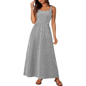 imagePRETTYGARDEN Womens 2025 Summer Spaghetti Strap Maxi Dresses Plaid Square Neck A Line Casual Beach Vacation Long SundressBlack