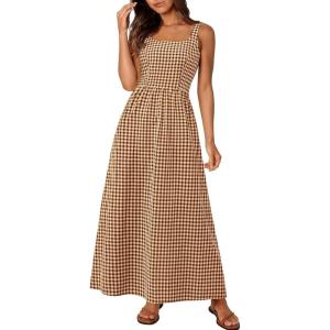 imagePRETTYGARDEN Womens 2025 Summer Spaghetti Strap Maxi Dresses Plaid Square Neck A Line Casual Beach Vacation Long SundressCoffee