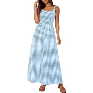 imagePRETTYGARDEN Womens 2025 Summer Spaghetti Strap Maxi Dresses Plaid Square Neck A Line Casual Beach Vacation Long SundressDusty Blue