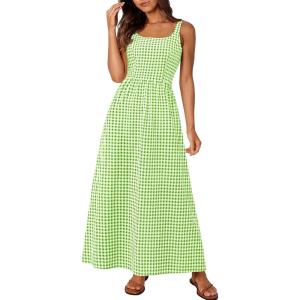 imagePRETTYGARDEN Womens 2025 Summer Spaghetti Strap Maxi Dresses Plaid Square Neck A Line Casual Beach Vacation Long SundressGreen