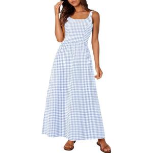 imagePRETTYGARDEN Womens 2025 Summer Spaghetti Strap Maxi Dresses Plaid Square Neck A Line Casual Beach Vacation Long SundressLight Blue
