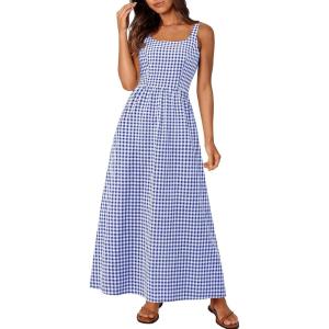 imagePRETTYGARDEN Womens 2025 Summer Spaghetti Strap Maxi Dresses Plaid Square Neck A Line Casual Beach Vacation Long SundressNavy