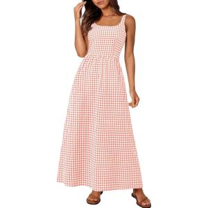imagePRETTYGARDEN Womens 2025 Summer Spaghetti Strap Maxi Dresses Plaid Square Neck A Line Casual Beach Vacation Long SundressPink